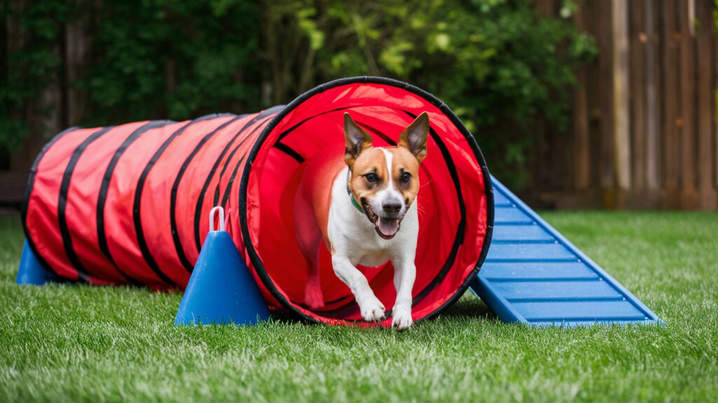 a backyard dog agility course featuring a red tunnel and a ramp for the dog to run through