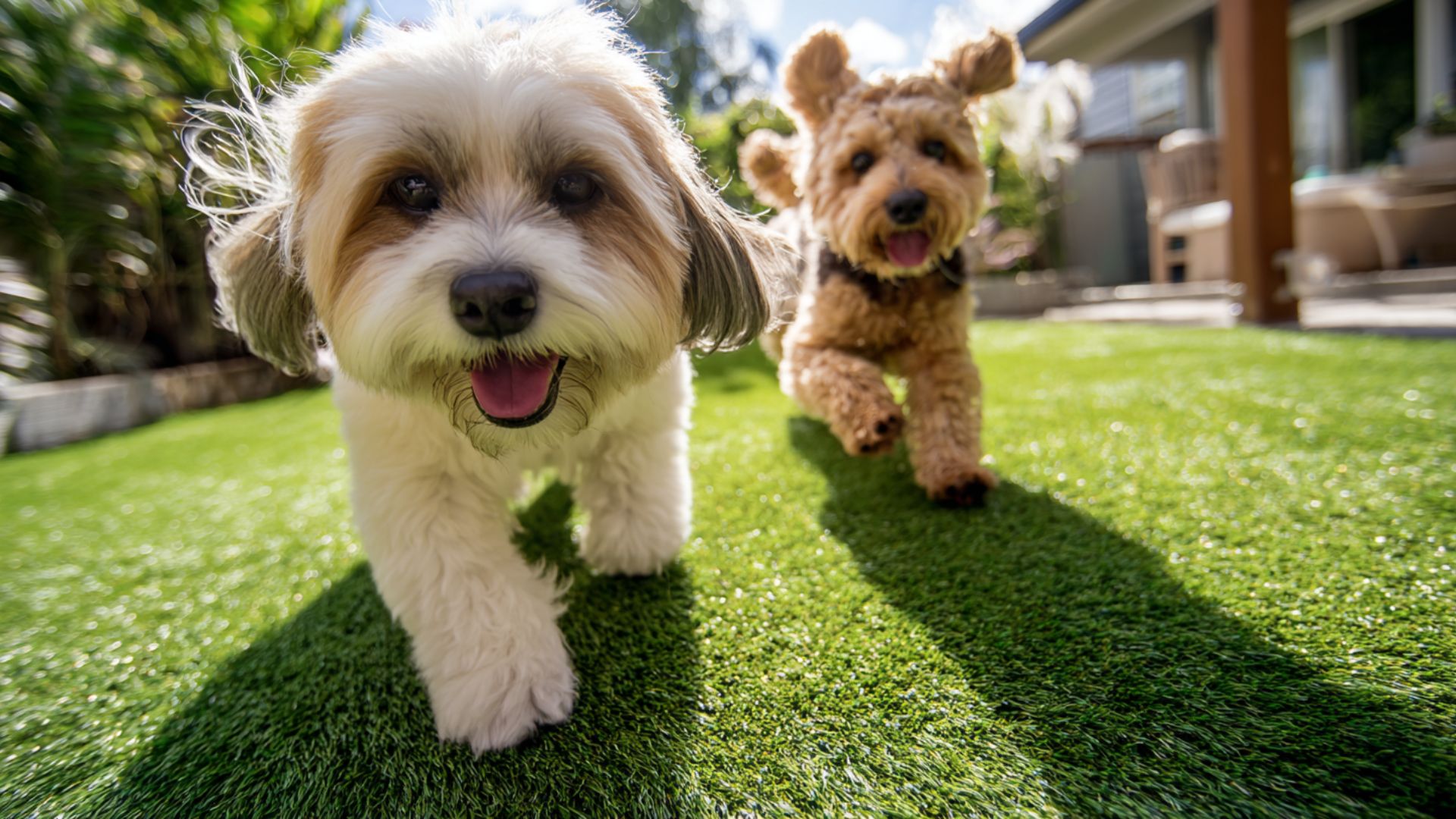 a photo of pets playing on pet-friendly artificial turf in a backyard