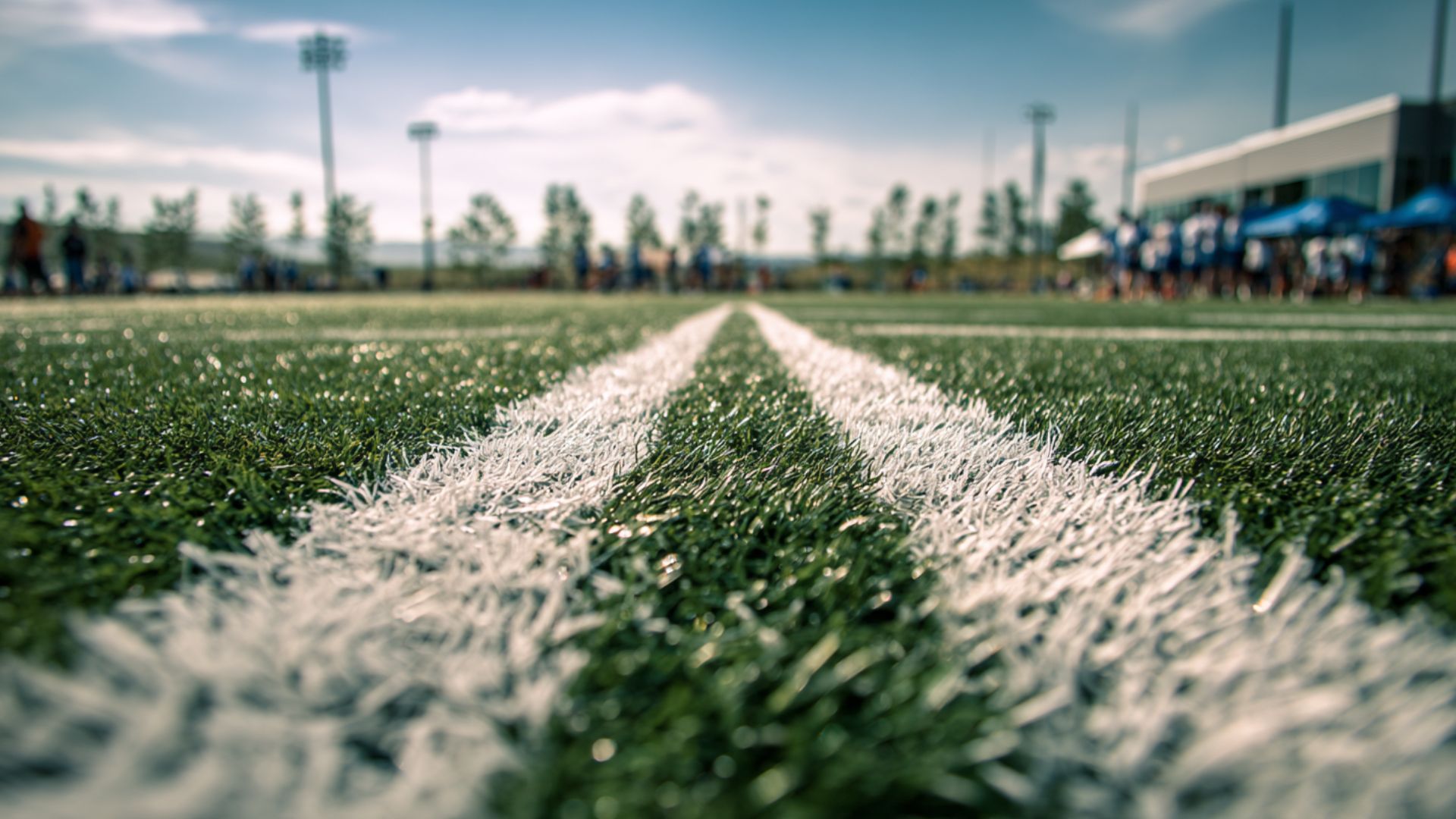 a photo from a low point of view of a sports field with professional-grade artificial turf showing crisp white lines