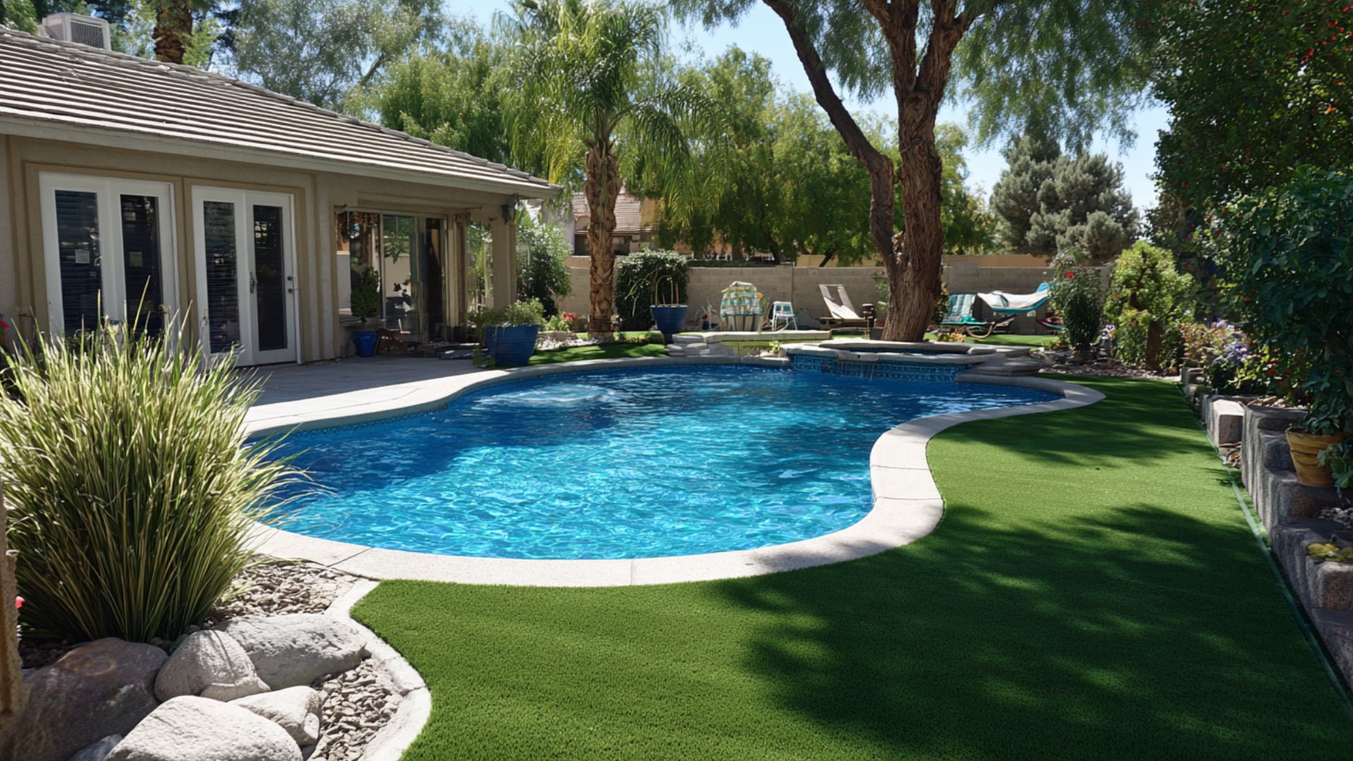 a photo of a backyard pool area surrounded by artificial turf