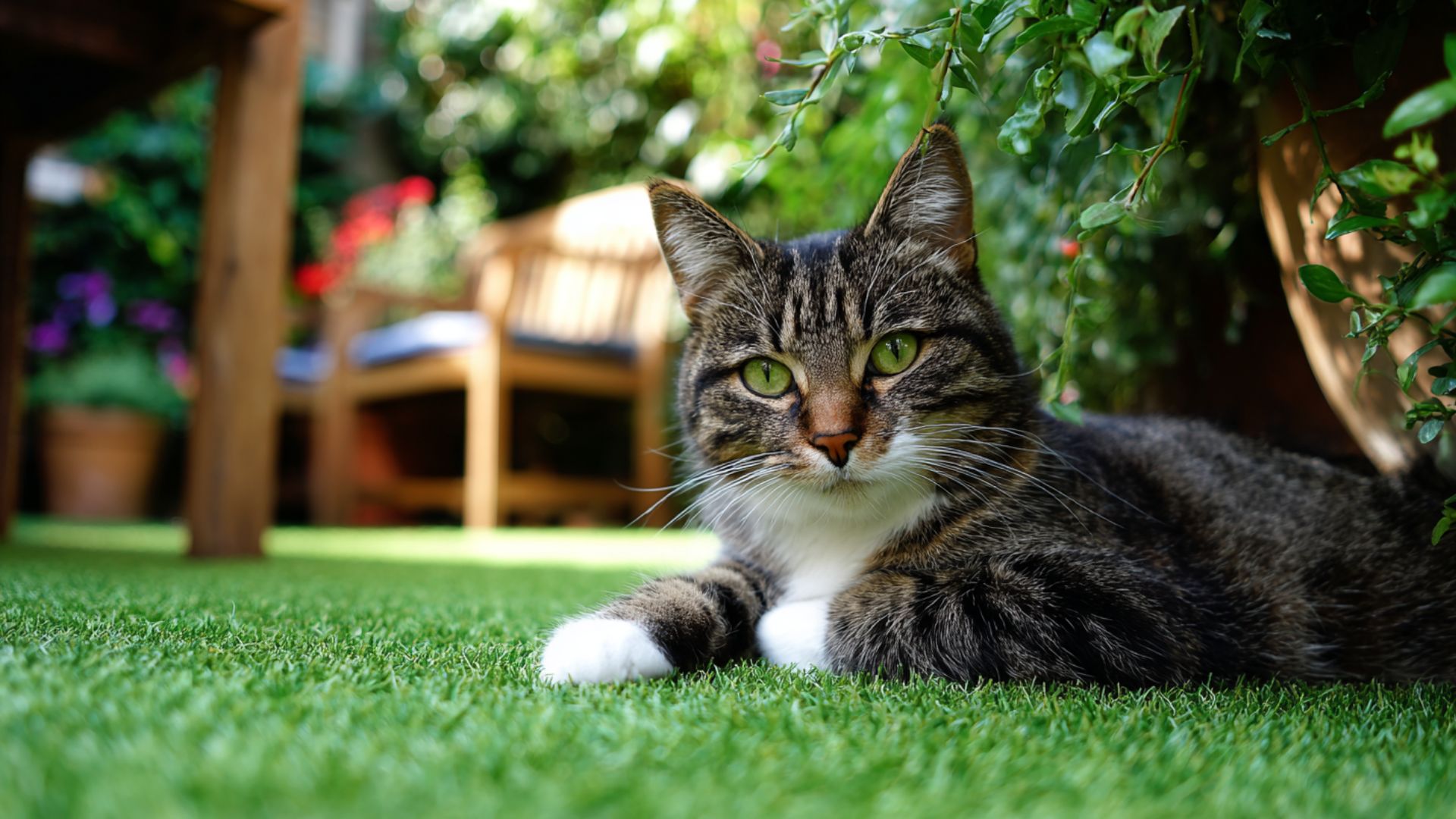 a photo of a cat lounging comfortably in a shady spot on an eco-friendly synthetic grass lawn