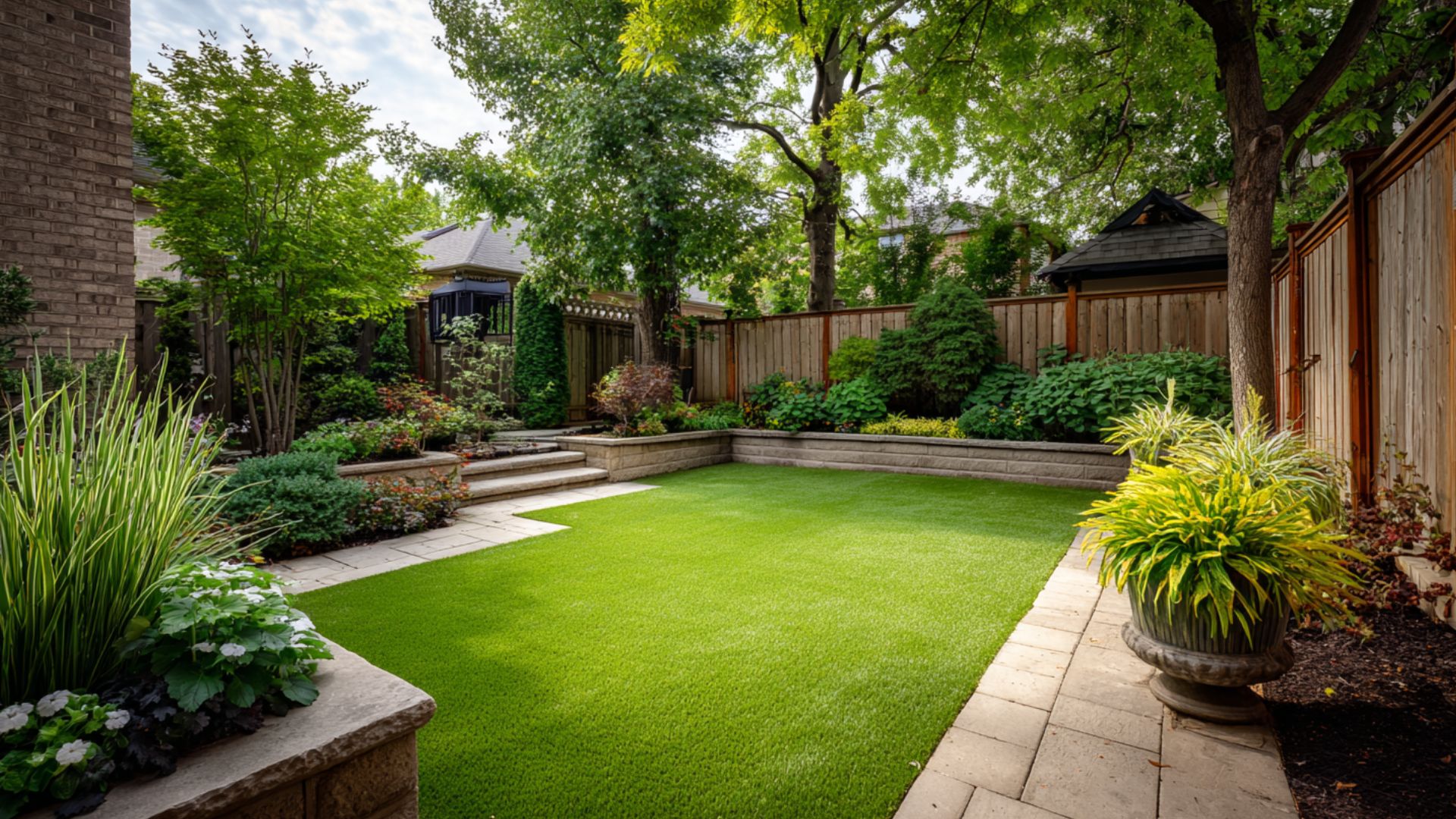 a photo of a suburban backyard with freshly installed synthetic turf and garden beds