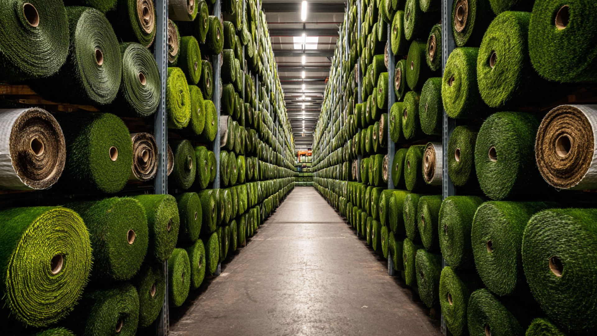 a photo of a warehouse interior showing rolls of artificial grass with very little variety