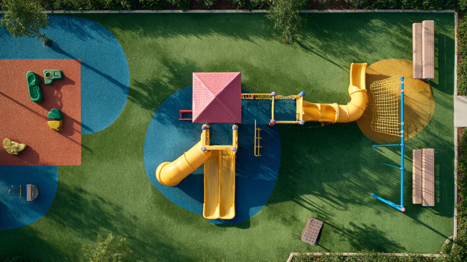 a photo from an elevated point of view of a brightly-colored children's playground with artificial grass surface
