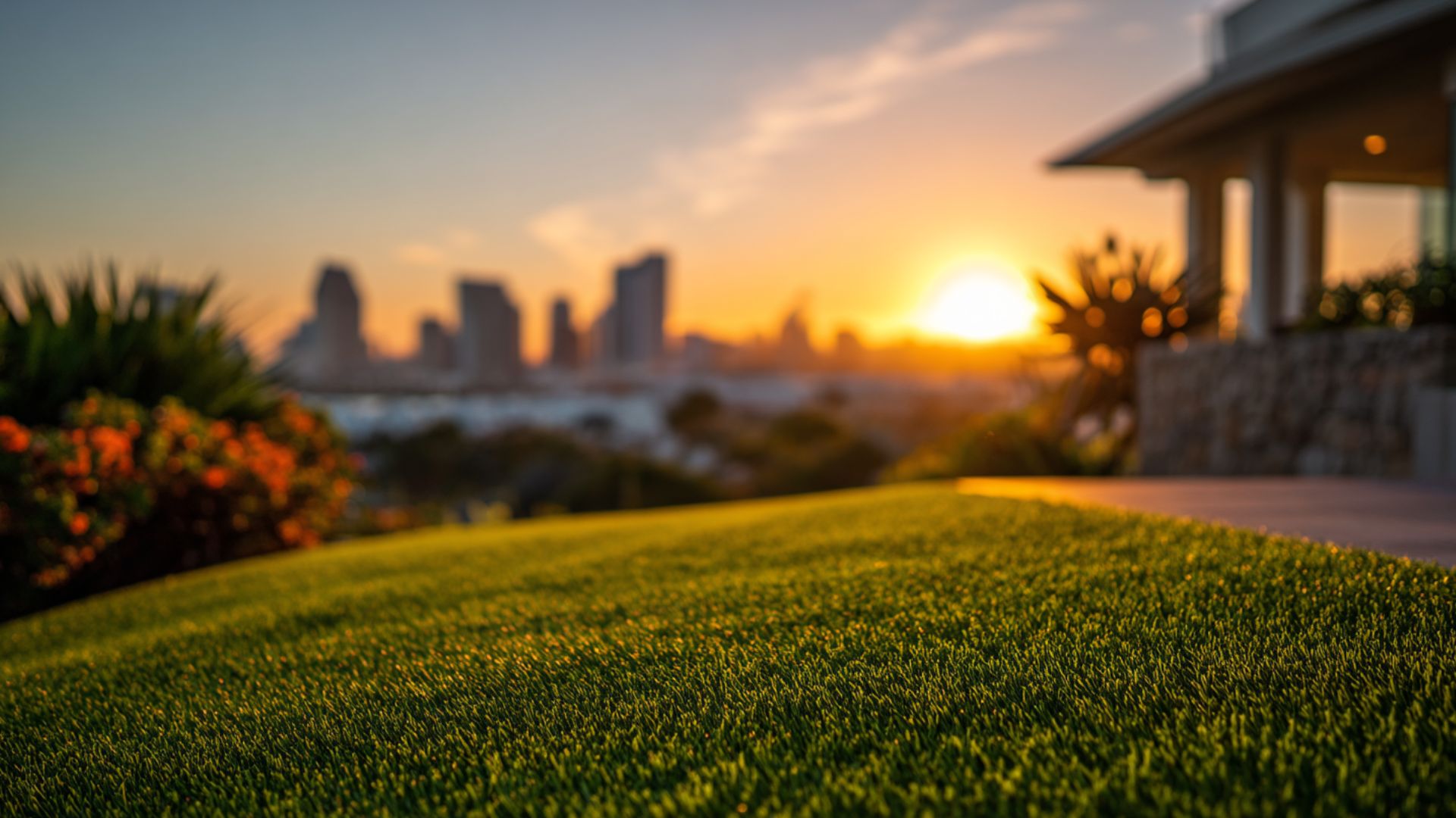 a photo of a beautiful San Diego residential front yard with perfectly manicured artificial grass lawn