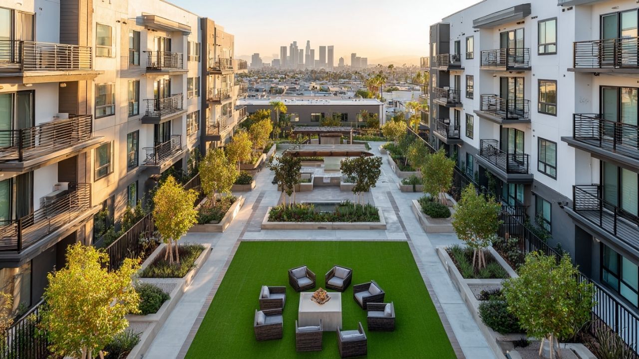 a photo of a Los Angeles multi-family apartment complex courtyard with pristine artificial turf