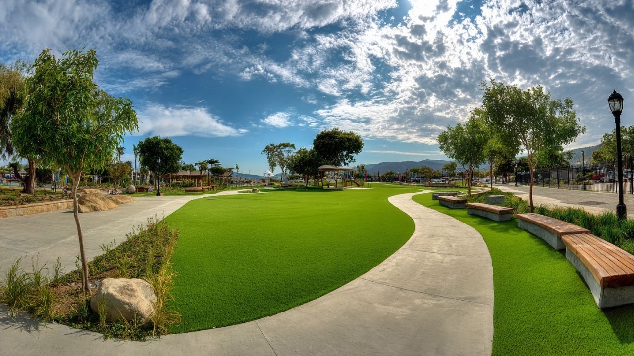 a photo of a beautiful municipal park with synthetic grass