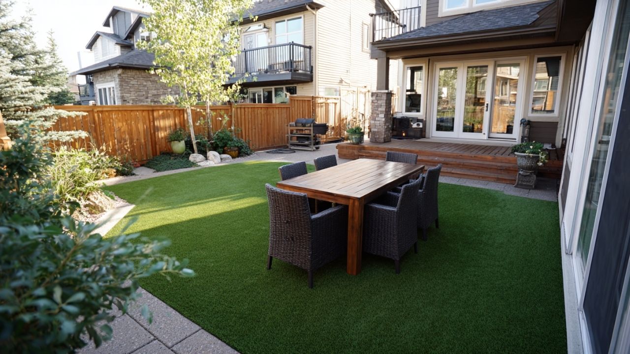 a photo of a beautiful residential backyard with freshly installed artificial grass and a modern patio