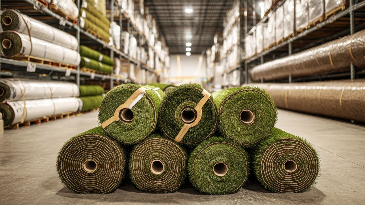 rolls of artificial turf stacked and secured with straps in a warehouse