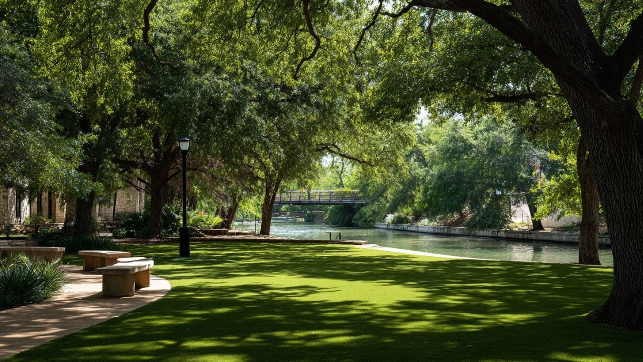 A riverwalk-side public park in San Antonio with newly-installed artificial turf