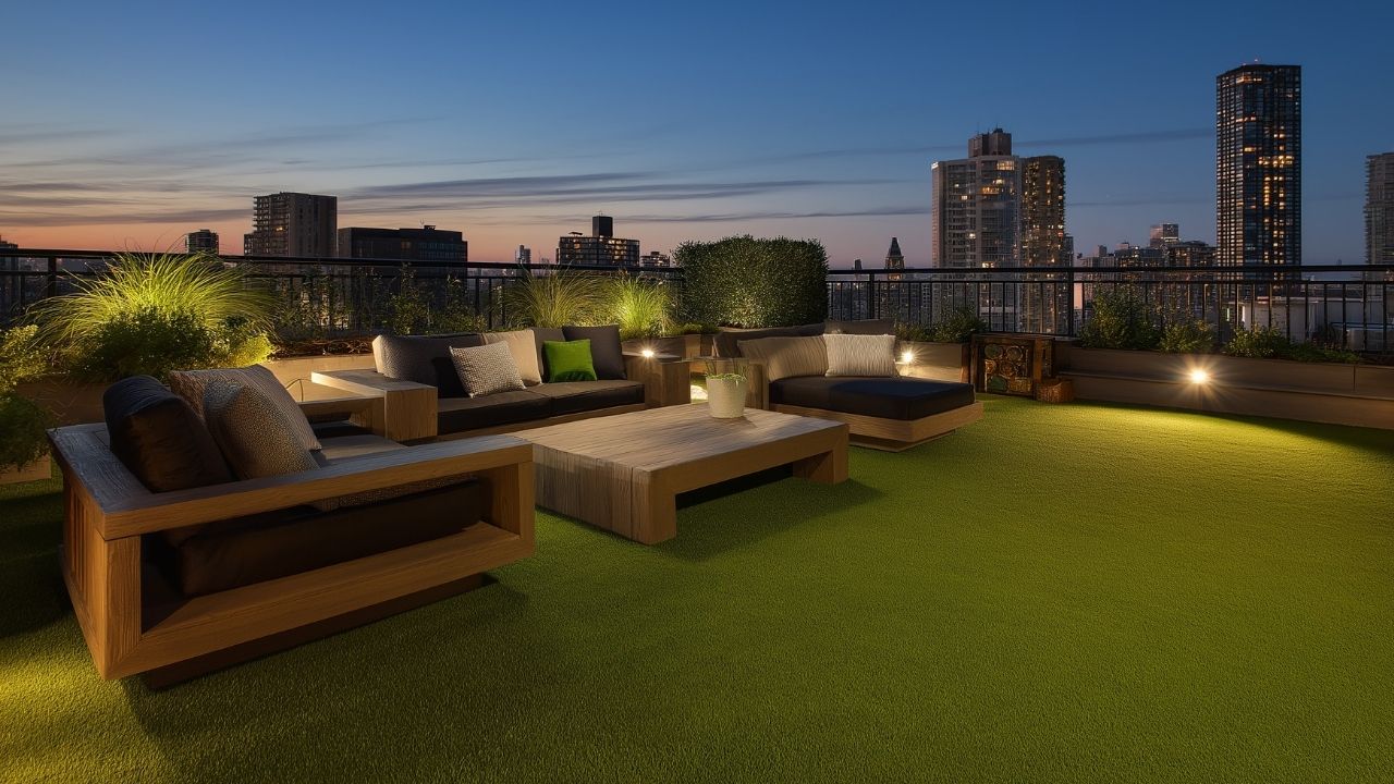 a nigh time view of an urban rooftop seating space on artificial grass