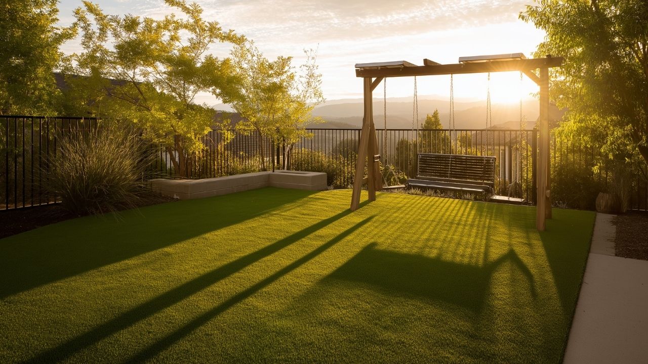 a sunset image of a family backyard with a wooden swing overlooking rolling hills